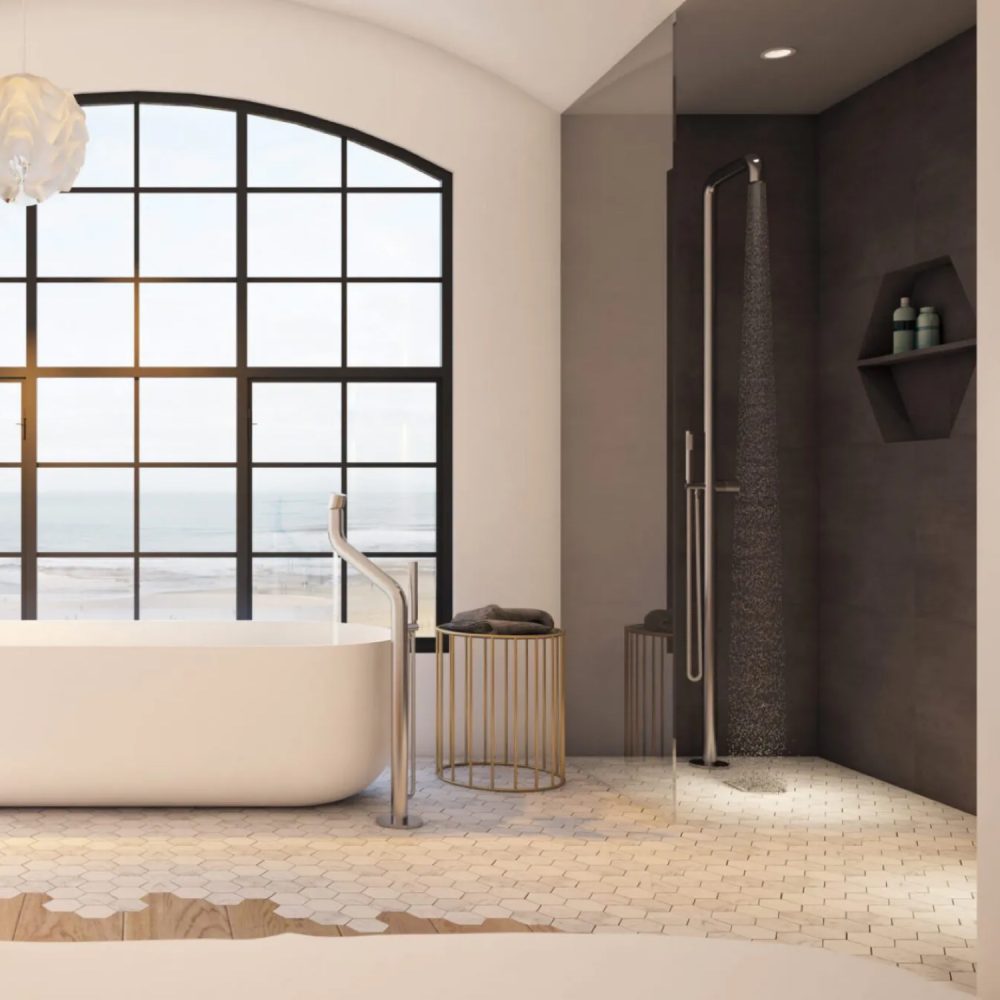 JEE-O Flow Shower 02 Freestanding Indoor & Outdoor Shower Column with Hand Shower – Brushed Stainless Steel