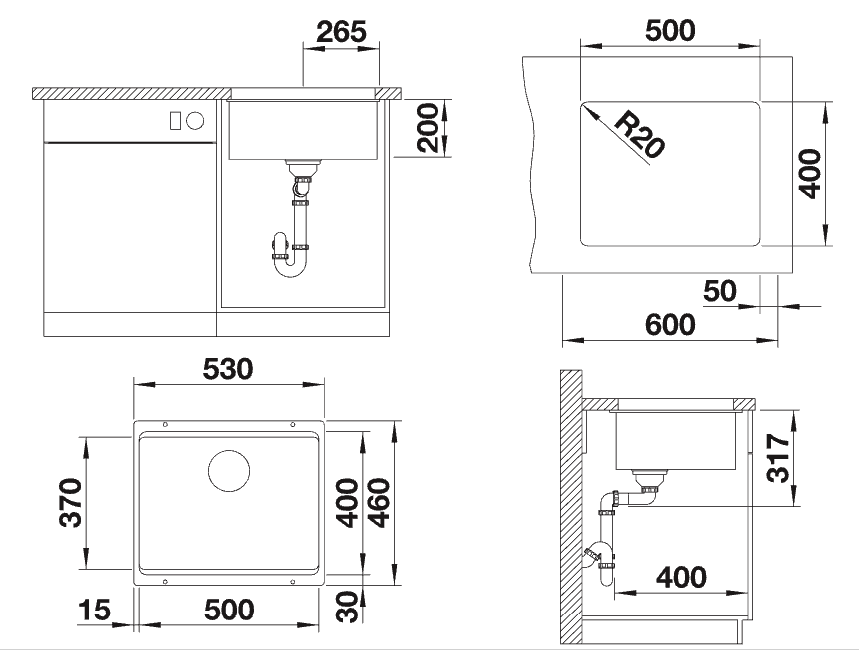 BLANCO ETAGON 500-U, SILGRANIT, anthracite, without pop-up waste, with accessories, universal handing, 600 mm min. cabinet size