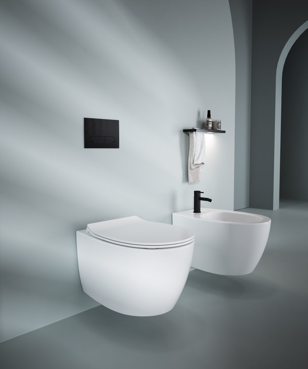 ISVEA Sentimenti Rimless Wall Hung Toilet with Integrated Bidet (Traditional Turkish Bidet) - White